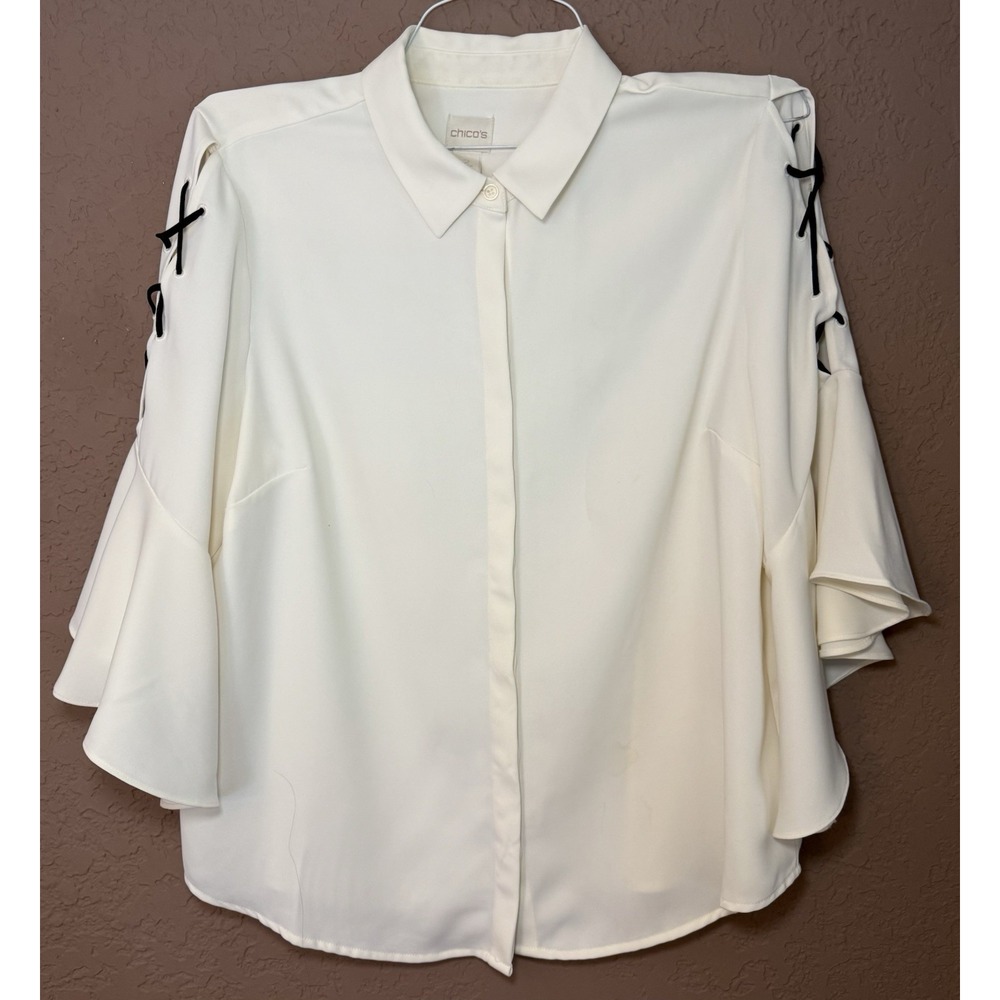 Chico's Sz 2/L Ivory Button Up‎ Contrast Black Lace Up 3/4 Flutter Sleeve Blouse